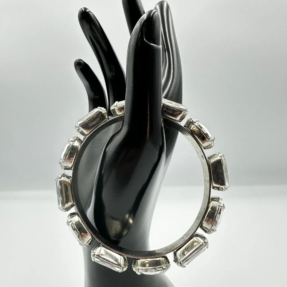 Vintage Silver Tone Large‎ Rhinestone Stretch Bracelet Chunky Multi Shape Retro